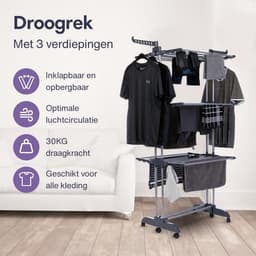 Wasrek Staand - Droogtoren Wassen - Kleding Drogen - Inklapbare Wielen - 44 m Droogruimte - Zwart — thumbnail 5
