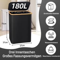SnelShoppen - Wasmand met 3 vakken, 180 liter, opvouwbare wasverzamelaar met deksel, uitneembare waszak en schoenenwaszak voor efficiënt sorteren en o — thumbnail 5