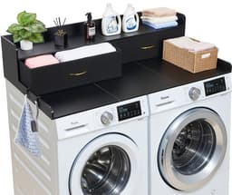 VEVOR Wasmachine en Droger Bovenplaat Met Schap, 137 X 69,9 cm Houten Wasserschotel en Drogerschotel met 2 Laden & Hooks, Wasmachine Bovenplaat voor Waskast, Pantry Bovenplaat voor Organisatie en Opslag, Zwart — thumbnail 1