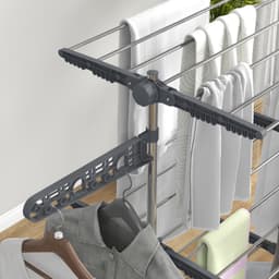 Opvouwbare Wasdroger Toren met Wielen 142x55x152cm Grijs Staal 3 Niveaus Zijvleugels 6 Zwivelwielen met Remmen — thumbnail 3