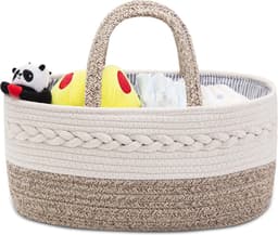 Thijox - Luierorganizer Beige Crème - Geweven Katoenen Touw Opbergmand met Draagbare Handgreep en 3 Afneembare Scheidingswanden voor Luiers en Babyacc — thumbnail 4