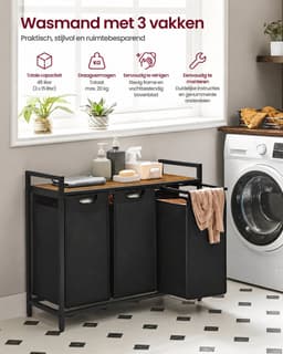 SanaVida - Wasmand - Wasmand 3 vakken - 114L Was - Met Opbergruimte - Oxford Stof - Stalen Frame - 92,5 x 33 x 72 cm - Zwart/Hout — thumbnail 5