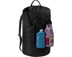 Rugzak Waszak, Wasrugzak met Schouderbanden en Gaasvak Duurzame Nylon Rugzak Kledingmand Zak met Treksluiting voor College, Reizen, Wasserette, Appartement - Zwart