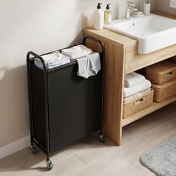 SAYS 80L slanke wasmand met wielen, stoffen rollende wasmand, smalle kledingorganizer, hoge mand voor kast, wasruimte, badkamer, zwart — thumbnail 2