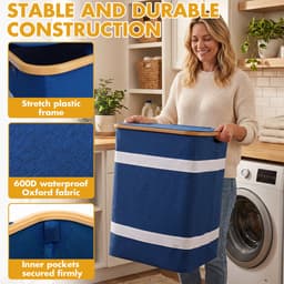 Soontrans - Wasmand - Wassorteerder met Deksel - 44x34x70cm - Uitneembare Waszakken - Bamboe-lijst - Afneembaar - 102L - Blauw — thumbnail 4