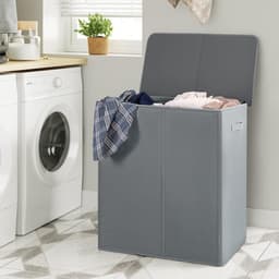 Dubbele wasmand met deksel en afneembare waszakken 154L grote opvouwbare 2 verdelers wasmand met handgrepen voor slaapkamer wasruimte kast badkamer college (grijs) — thumbnail 4