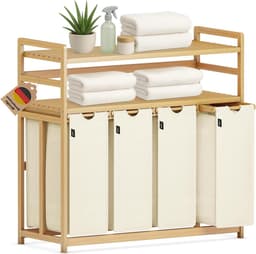 Wasmand met 4 vakken - Kleding Sorteerder - Was Sorteren - Dubbele Bamboe Plank - 198 Liter - Beige — thumbnail 1