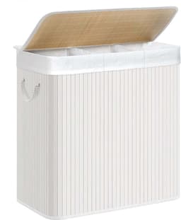 Wasmand Wasgoedmand Opbergmand 60 x 40 x 61,5 cm Wit 150L grote capaciteit met drie vakken en afneembare wasbare binnenzak deksel en handgrepen opvouwbaar en ruimtebesparend geschikt voor wasruimte slaapkamer en badkamer — thumbnail 1