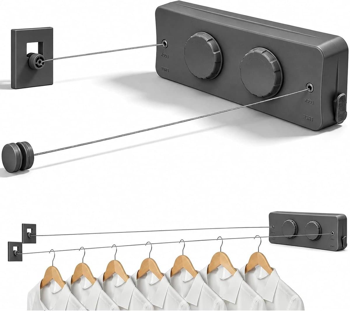 Intrekbare Waslijn - Uittrekbare Waslijn - Wassen Drogen - Dubbele Lijnen - 2 x 52 m - Grijs — afbeelding 1