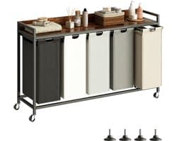 SnelShoppen - Herture Wasmand met Plank, 5 Secties, Wassorteerder met 5 Uittrekbare Zakken, 5 x 60 Liter, Rustiek Bruin, Metalen Frame, Beweegbare Wie