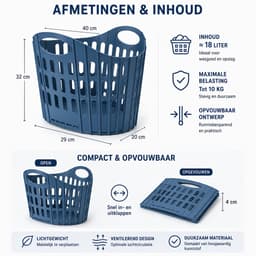 Opvouwbare Wasmand Blauw - 18 Liter - Inklapbare Kunststof Wasmand met Handgrepen - Ventilerend en Ruimtebesparend - Ophangbare Wasgoedmand — thumbnail 5