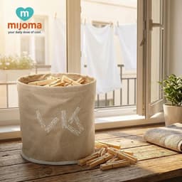 SnelShoppen - MIJOMA Wasknijpermand 18 x 17 cm – 24 bamboe clips – licht polyester stof in beige – voor balkon, badkamer en voorraadkast — thumbnail 2