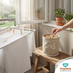 SnelShoppen - MIJOMA Wasknijpermand 18 x 17 cm – 24 bamboe clips – licht polyester stof in beige – voor balkon, badkamer en voorraadkast — thumbnail 3