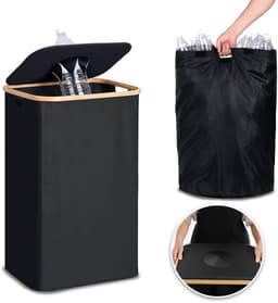 Grote Dubbele Wasmand Van 100 Liter Met Uitneembare Binnentas - Opvouwbaar Twee Compartimenten Stevig - Voor Slaapkamer, Badkamer En Wasruimte - Zwart — thumbnail 1