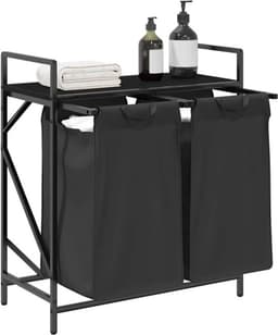 Wasmand – Laundry Basket – Wasbox – Wascontainer – Wasrek – 2 Compartimenten – Stevig Stalen Frame met Houtlook Opbergrek — thumbnail 3