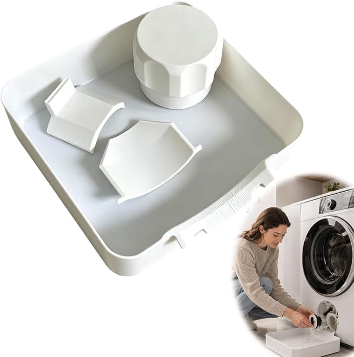 Lekbak Wasmachine - 4-Delige Set - Opvangbak - Universele Wasmachine Lekbak -Afvoerbak Voor Wasmachines - 17.8×17.8×5 Cm - Eenvoudig Te Installeren - Afvoer Van De Wasmachine - Afvoerbak - Geschikt Voor Appartementen, Garages En Huurwoningen - Wit — afbeelding 1
