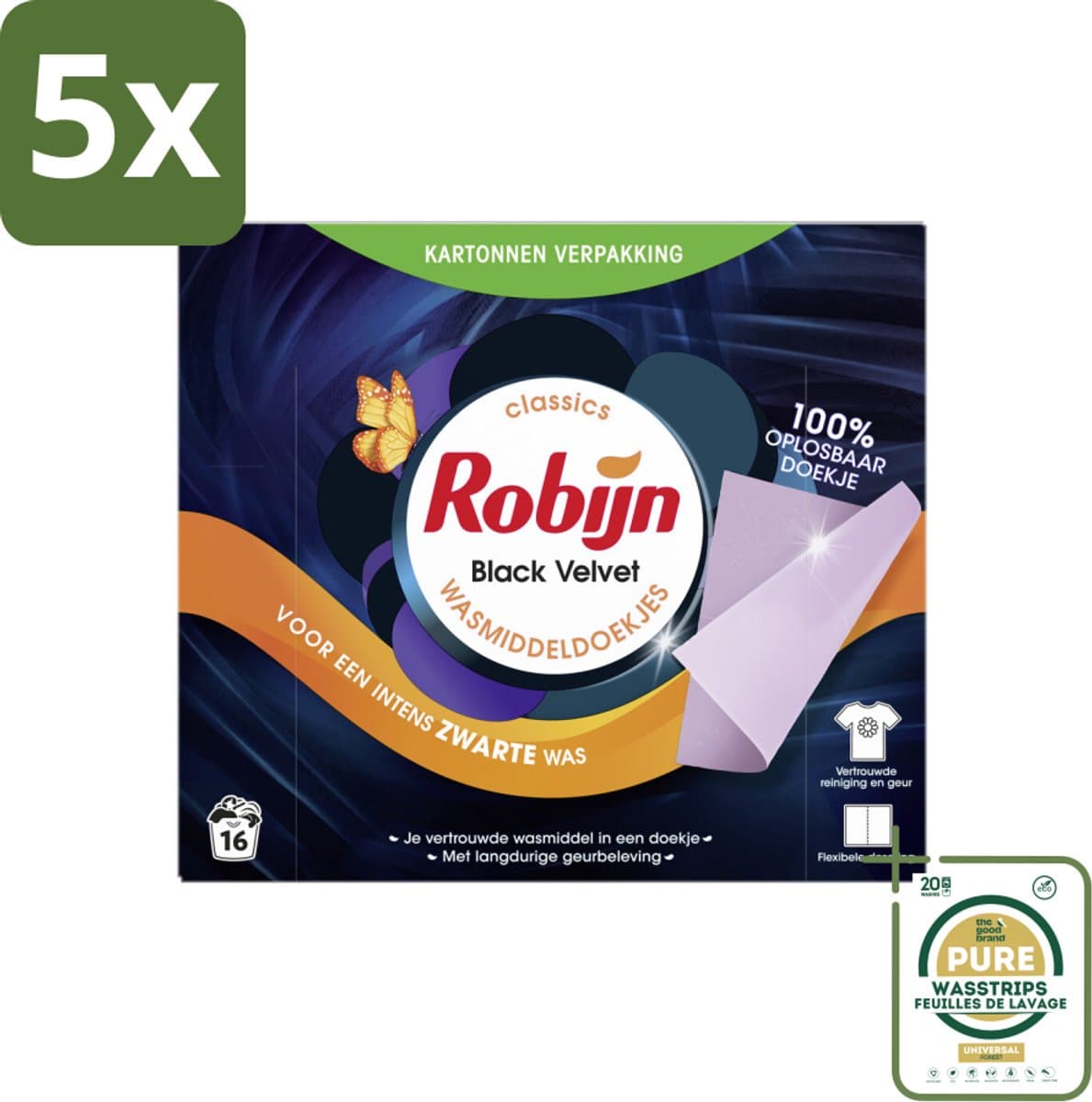5 x Robijn Classics - Black Velvet - Wasmiddeldoekjes - 16 Wasstrips - Grootverpakking - Zwarte Was - Wasmiddel - Wasmiddeldoekjes - Kleurbescherming - Duurzame Was — afbeelding 1
