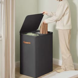 Wasmand Waszak 56x40x75cm zwart 170 liter (44,9 gallon) Grote capaciteit opbergmand Dubbele compartimenten Met afneembare binnenzakken Deksel en handgrepen Kleding sorteersysteem Geschikt voor badkamer en wasruimte — thumbnail 3