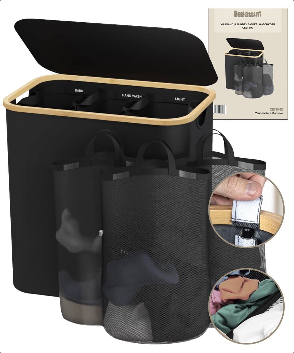 Bellettini® Opvouwbare Wasmand met Deksel - 3 Compartimenten - 600D Oxford Materiaal Wassorteerder - 148 Liter - Zwart — afbeelding 1
