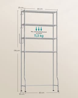 Metaal Wasmachine rek - Wasmachine rek met opbergruimte en haken- verstelbare planken - Toilet kast - Zilver - 30 x 83 x 176 cm — thumbnail 3