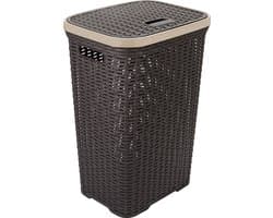 Hega Hogar Wasmand met deksel Rotan - donkerbruin - gevlochten kunststof - 60 liter - 34 x 43 x 62 cm