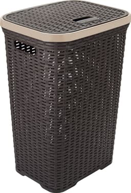 Hega Hogar Wasmand met deksel Rotan - donkerbruin - gevlochten kunststof - 60 liter - 34 x 43 x 62 cm — thumbnail 1