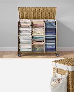 SONGMICS Wasmand met deksel, 160 L, wasverzamelaar 3 compartimenten, wassorteerder met wielen, in rotan look, waszak verwijderbaar, voor wasruimte, 70 x 36 x 66 cm, Natuurlijke kleuren — thumbnail 5
