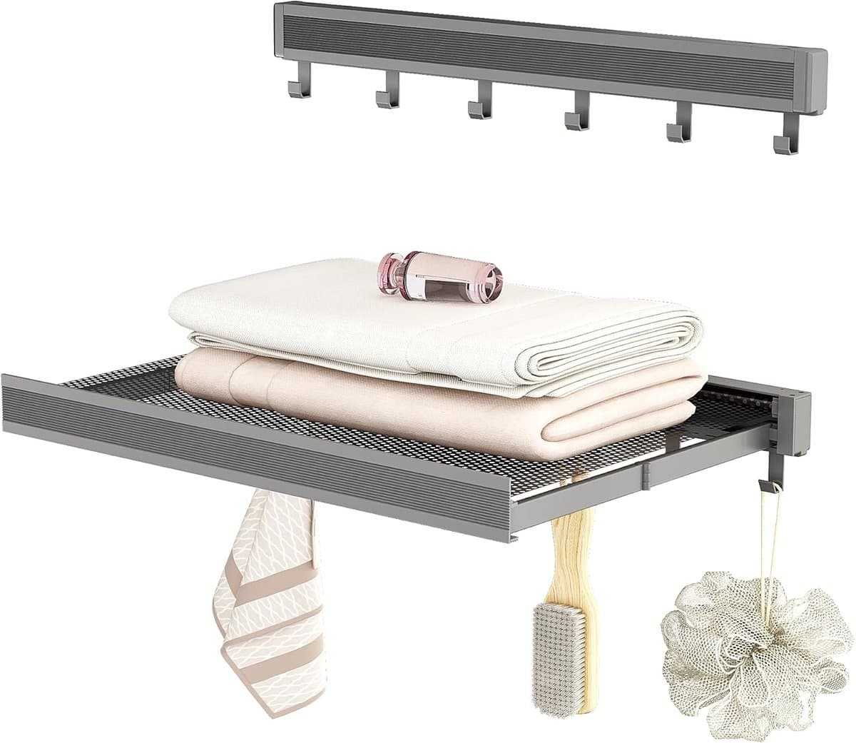 Aan de muur bevestigde kledingdroogrek, opvouwbaar wasdroogrek, 44cm brede aluminium opvouwbare hangende garderobe met 6 handdoekhaken - grijs — afbeelding 1