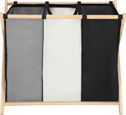 Muntel® Wasmand - Opvouwbaar - Beukenhout - Polyester - 3 Vakken - 105 L - Zwart - Grijs - Ecru — thumbnail 3