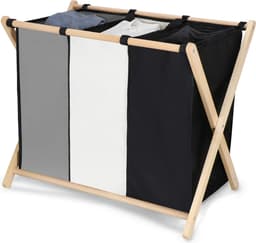 Muntel® Wasmand - Opvouwbaar - Beukenhout - Polyester - 3 Vakken - 105 L - Zwart - Grijs - Ecru — thumbnail 1