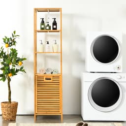 COSTWAY 2 in 1 Badkamerplank & wasmand, hoge kast voor badkamer van bamboe met 3 planken, waskast met uitneembare waszak & handvat, badkamerkast voor badkamer slaapkamer wasruimte, natuur — thumbnail 4