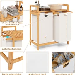 COSTWAY Wasmand 2 vakken, met 2 uittrekbare waszakken, wasverzamelaar met plank, wassorteerder bamboe voor badkamer, woonkamer en slaapkamer (wit) — thumbnail 5