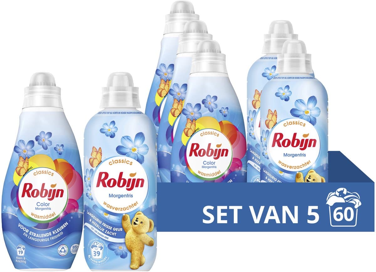Robijn Perfect Match Wasmiddel en Wasverzachter Pakket - Morgenfris - 5 stuks - (60 Wasbeurten) - Voordeelverpakking — afbeelding 1