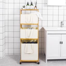 Bamboe Wasmand met Wieltjes en 4 Verdiepingen - Wasverzamelaar voor Badkamer - 121x34x42cm - 50kg Belastbaar - Natuur wassorteerder — thumbnail 2
