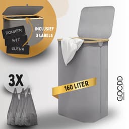 GOODD® - Wasmand - Wasmand 3 vakken - Wasmand met deksel - Wassorteerder - Licht Grijs - 160 Liter — thumbnail 1