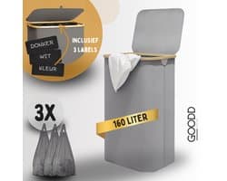 GOODD® - Wasmand - Wasmand 3 vakken - Wasmand met deksel - Wassorteerder - Licht Grijs - 160 Liter