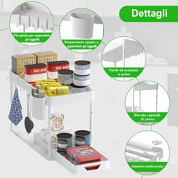 Uittrekbare kastorganizer - 2 verdiepingen - keuken - 4 haken - hangbeker - opheffen wastafel rek Wasmachine rek — thumbnail 2