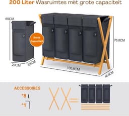 Luxe Wassoorteerder – Wasmand 4 Vakken – Was Organizer – Met Deksel – 200L Capaciteit – Natuurlijke Materialen – Stijlvol – Zwart — thumbnail 5