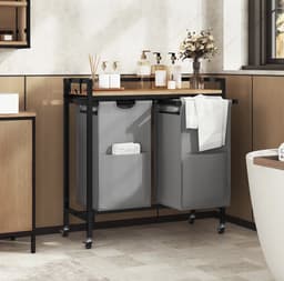 Varnox Wasmand kastje - Wasmandkastje - Tafel met wasmand - Wasmand met 2 vakken - Waszak - Wassorteerder - Wasmand tafel - Badkamerkast - Wasmand meubel - Wasmand rek - Light oak - Op wielen - Zwart metaal — thumbnail 3