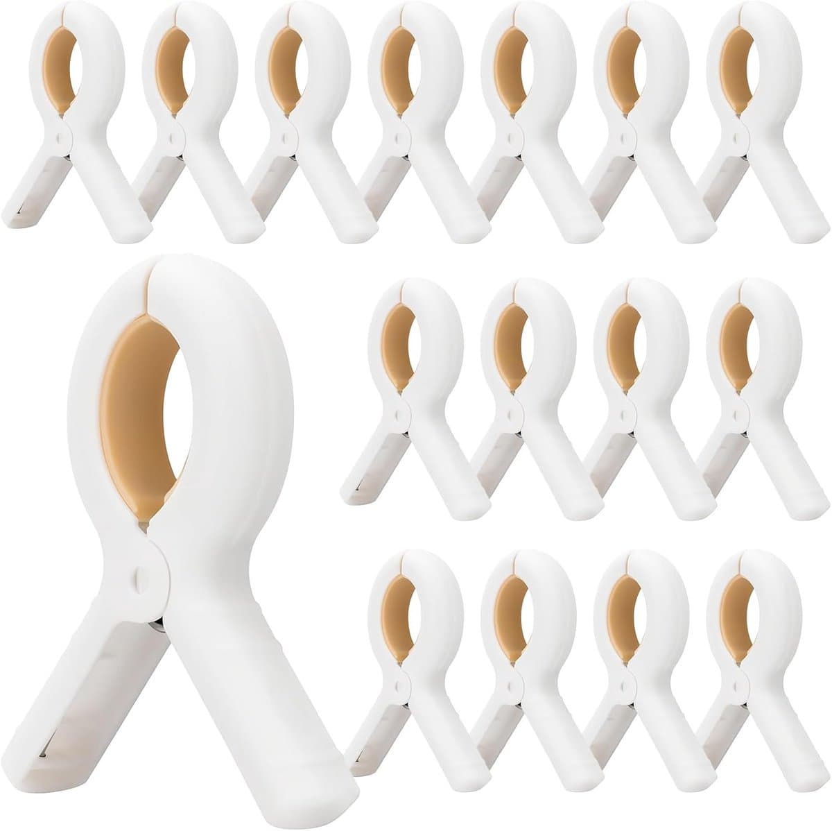 16 stuks - Strandlakenklemmen - Grote strandhanddoekclips - Zware plastic handdoekklemmen - wasknijpers - Geschikt voor strandhanddoeken - met sterke roestwerende veren - voor dekens, handdoeken, kleding waslijn, het hangrek - wit en kaki — afbeelding 1