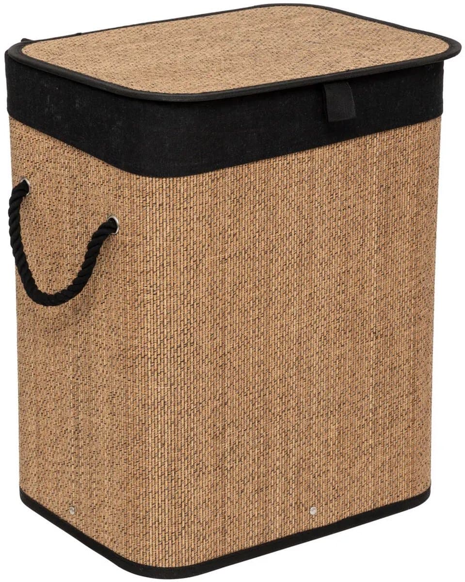 5Five Wasmand met deksel - bamboe hout - 60 Liter- naturel zwart - 41 x 30 x 50 cm — afbeelding 1