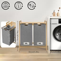 Wasmand van bamboeframe, 2 vakken, 36 l, 73 x 64 x 33,5 cm, wasverzamelaar met plank, waszak van Oxford-weefsel, wassorteerder, hout, waszakken voor bijkeuken, slaapkamer, grijs — thumbnail 2