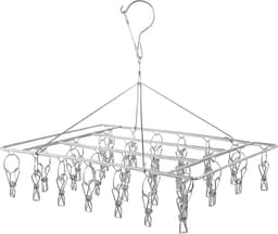 RVS kledingdroogrek met 20 clips - Draaibare hanger voor ondergoeddroger - Met winddichte haken - Geschikt voor handdoeken, bh's, handschoenen en babykleding - Geschikt voor binnen- en buitengebruik - Zilver — thumbnail 1