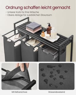 wasmand 3 vakken - wassorteerder met plank - 3 x 38 L - waszak van Oxford-stof - uitschuifbaar - afneembaar - metalen frame - zwartgrijs - 92,5 x 33 x 72 cm — thumbnail 4