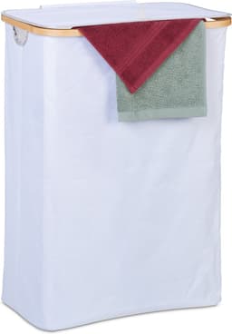 wasmand met deksel - 105 l - bamboe - polyester - opvouwbaar - draagbaar - wit-natuur — thumbnail 1