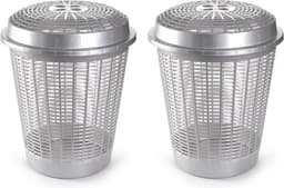 Plasticforte Wasmand met deksel - 2x stuks - 50 liter - zilverkleurig - rond - D45 x H57 cm - opbergmand — thumbnail 1
