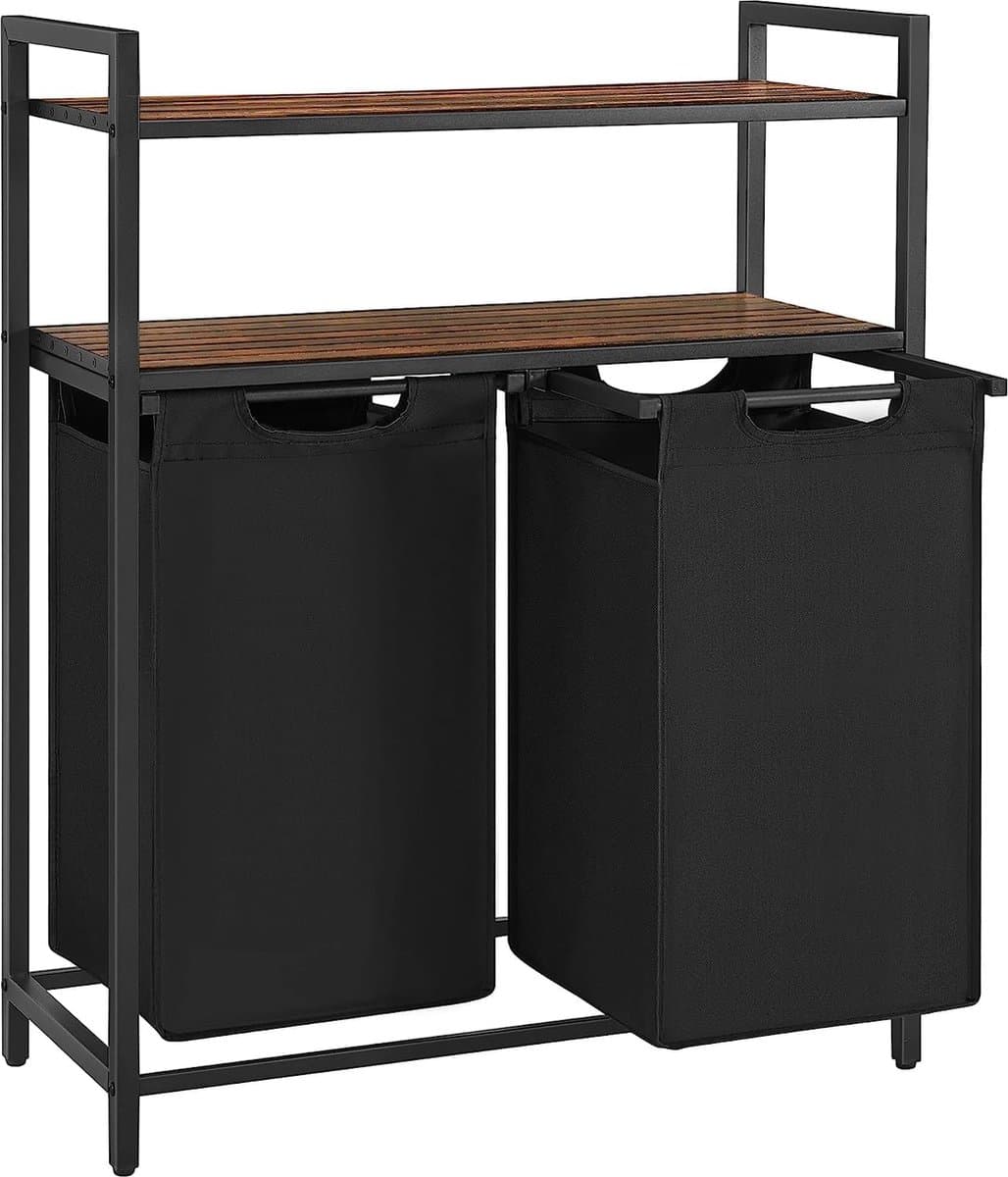 Furnstar Wasmand 92L – 2 Compartimenten – Met 2 Planken – Uitschuifbare Waszakken – Stevig Metalen Frame – Vintage Bruin/Zwart — afbeelding 1