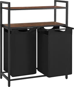 Furnstar Wasmand 92L – 2 Compartimenten – Met 2 Planken – Uitschuifbare Waszakken – Stevig Metalen Frame – Vintage Bruin/Zwart — thumbnail 1