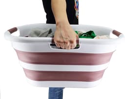 Opvouwbare wasmand van kunststof, 40 l, inklapbare pop-up opbergcontainer/organizer, draagbare wasmand, ruimtebesparende wasmand (1, wit/oudroze) — thumbnail 2