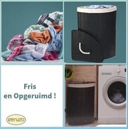 Ceruzo Bamboe Wasmand - Hoek Model - 72L - Vouwbaar - Deksel - 35 x 35 x H 60 cm- Zwart — thumbnail 3